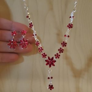 Red Floral Necklace with Matching Earrings